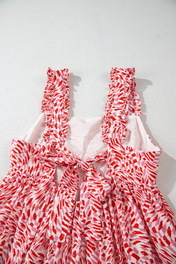 Pink Geometric Print Knot Back Sleeveless Ruffle Hem Dress