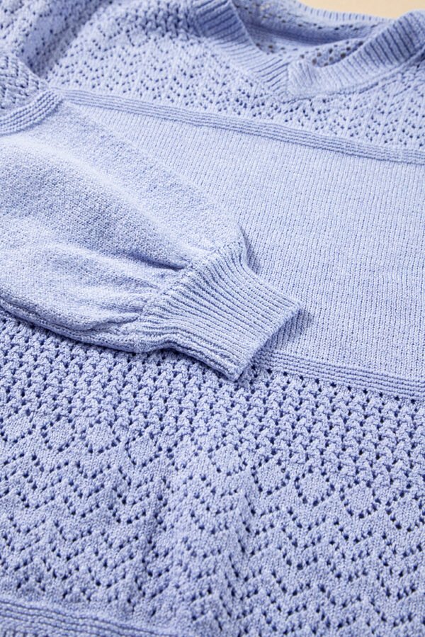 Sky Blue Eyelet Pattern Detail V Neck Drop Shoulder Sweater