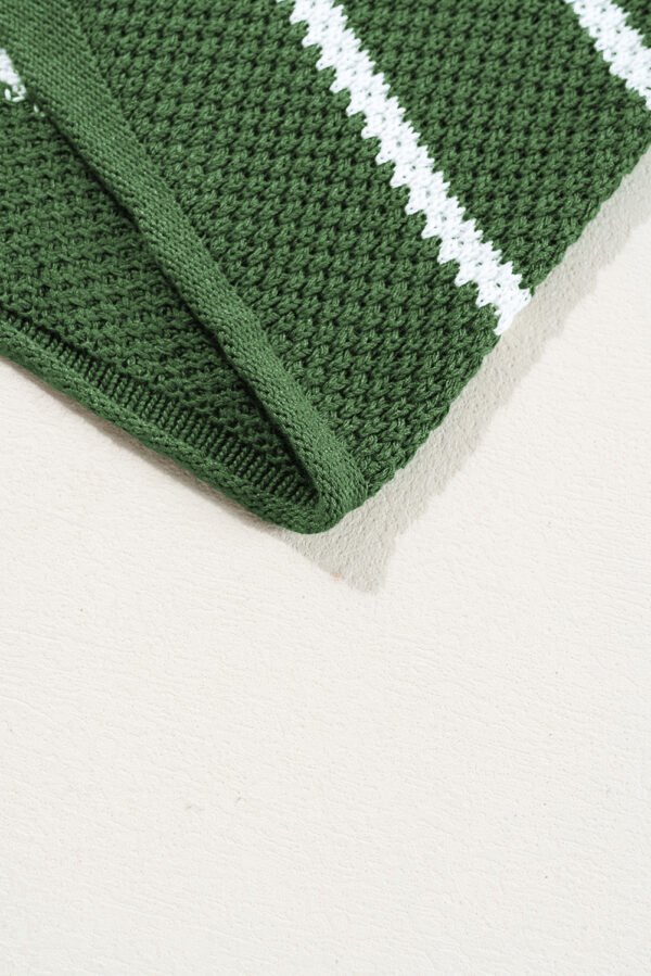 Green Stripe Henley Buttoned Placket Drop Shoulder Bracelet Sleeve Knit Sweater Tee