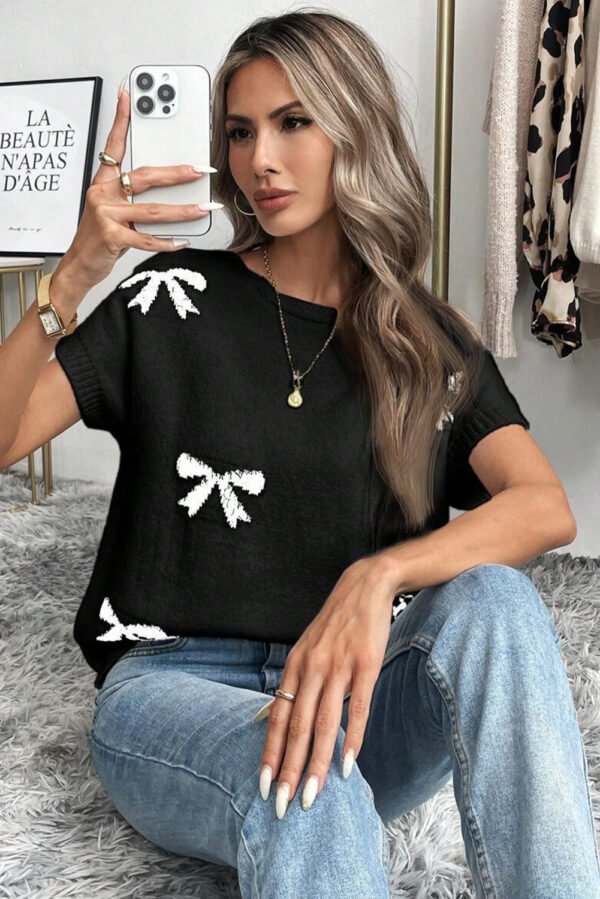 Black Bow Pattern Knit Short Sleeve Sweater