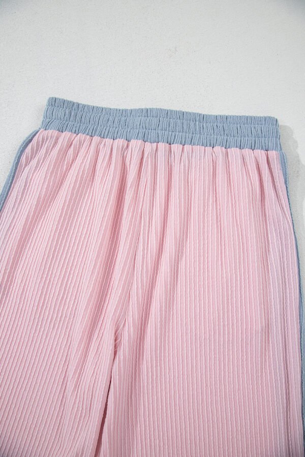 Pink Corded Colorblock Patchwork Short Sleeve Top and Loose Pants Set