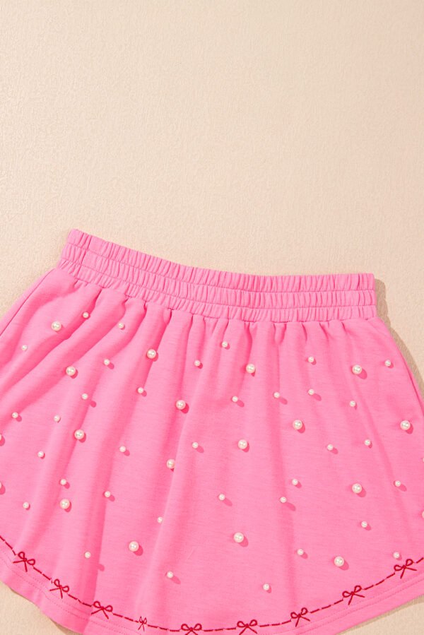 Pink Contrast Bow Trim Pearl Puff Sleeve Blouse and Skort 2pcs Set