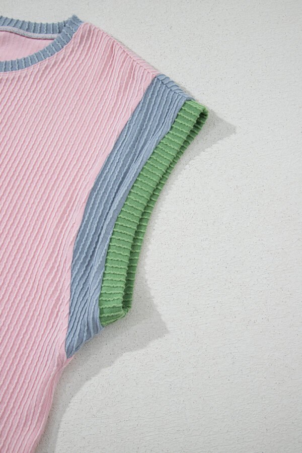 Pink Corded Colorblock Patchwork Short Sleeve Top and Loose Pants Set