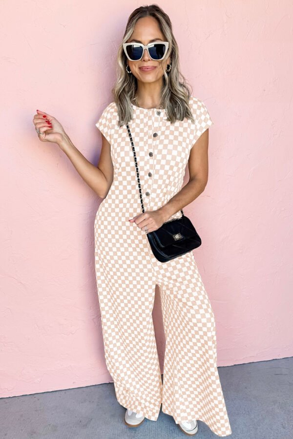 Apricot Checkered Print Buttoned Crew Neck Wide Leg Jumpsuit