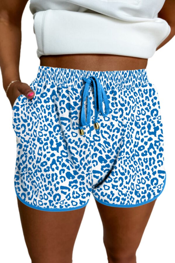 Blue Leopard Elastic Waist Lace up Contrast Trim Casual Shorts