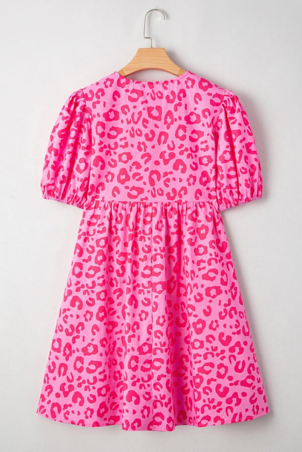 Rose Leopard Puff Sleeve Tie Front High Waist Mini Dress