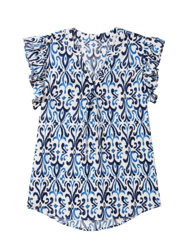 Sky Blue Boho Abstract Print Pintuck Detail Ruffled Top