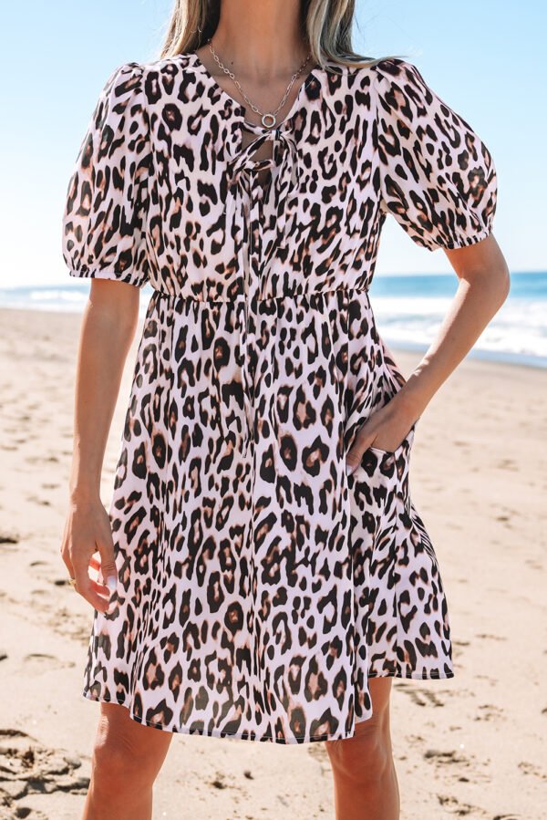 Brown Leopard Tied Front Keyhole Puff Short Sleeve Mini Dress