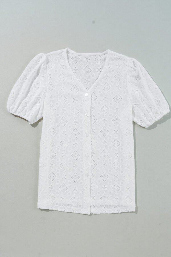 White Lace Puff Sleeve V Neck Button Up Shirt