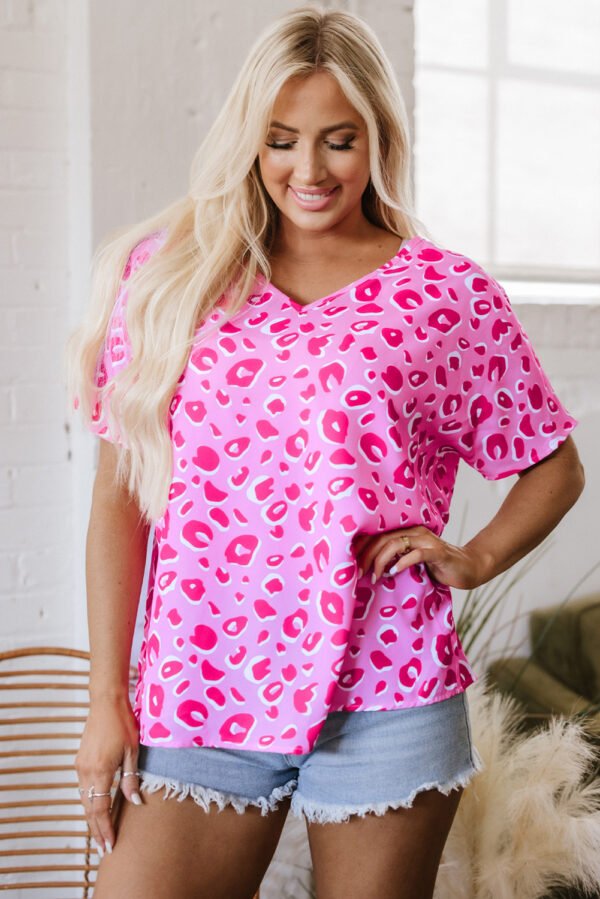 Pink Leopard V Neck Loose Short Sleeve Top