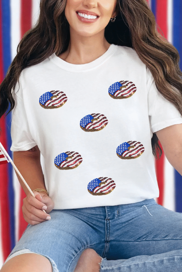 White Sequined Flag Pattern Donuts Graphic T Shirt