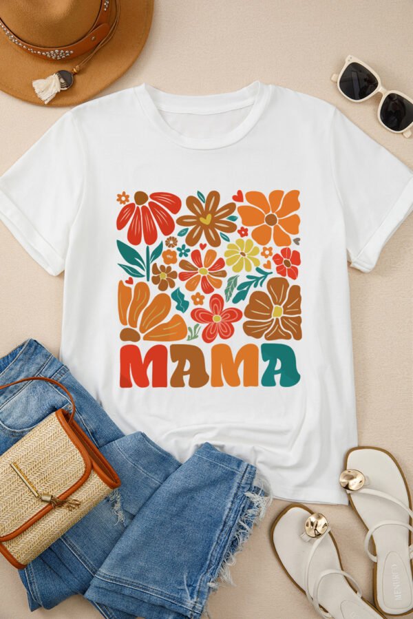 White MAMA Flower Graphic Crewneck Tee