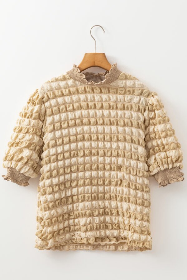 Beige Textured Mock Neck Short Sleeve Blouse