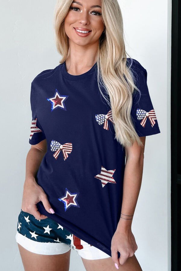 Blue Sequin USA Flag Bow Star Graphic Crewneck T Shirt