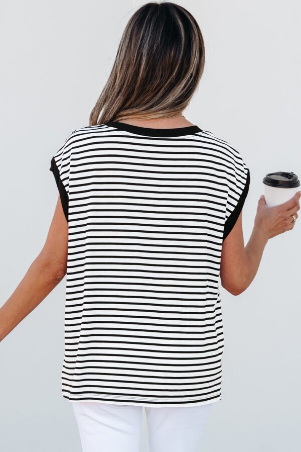 Black Stripe Sequined Lobster Patched Pocket Casual Tank Top