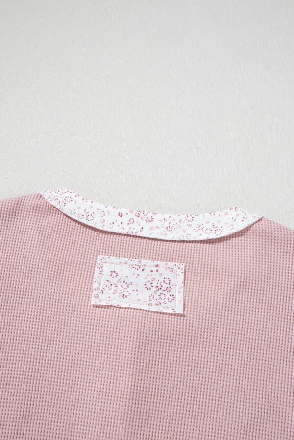 Pink Waffle Floral Patchwork Exposed Seam Detail Short Sleeve Top