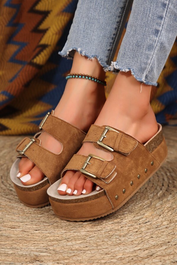 Chestnut Suede Buckle Decor Footbed Sandal Slippers