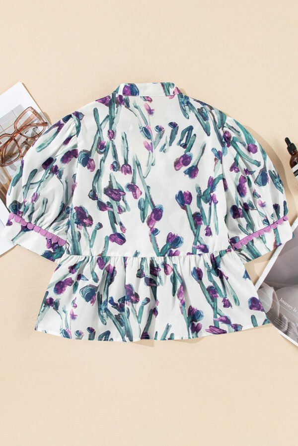 Purple Floral Ricrac Trim Half Sleeve Peplum Top
