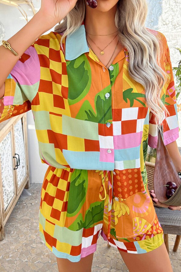 Red Vacation Printed Loose Shirt and Drawstring Shorts Set