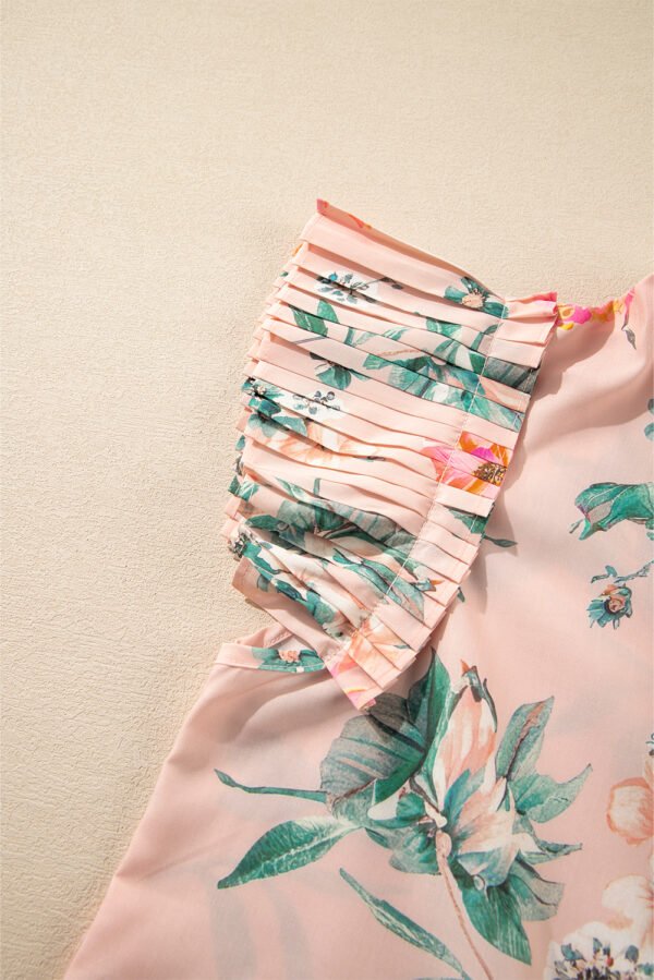 Pink Floral Print Frilled V Neck Pleated Sleeve Blouse