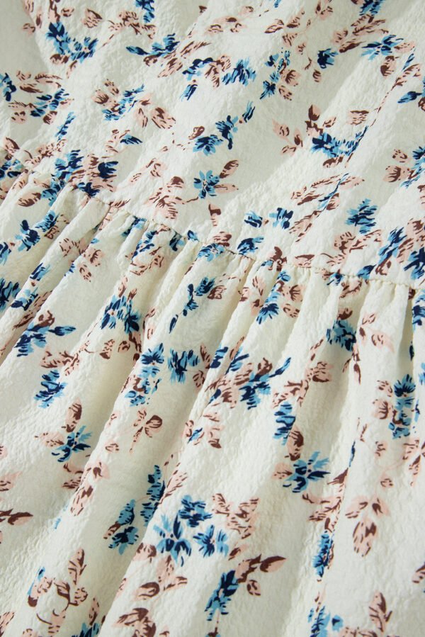 Beige Floral Puff Short Sleeve Empire Waist Mini Dress