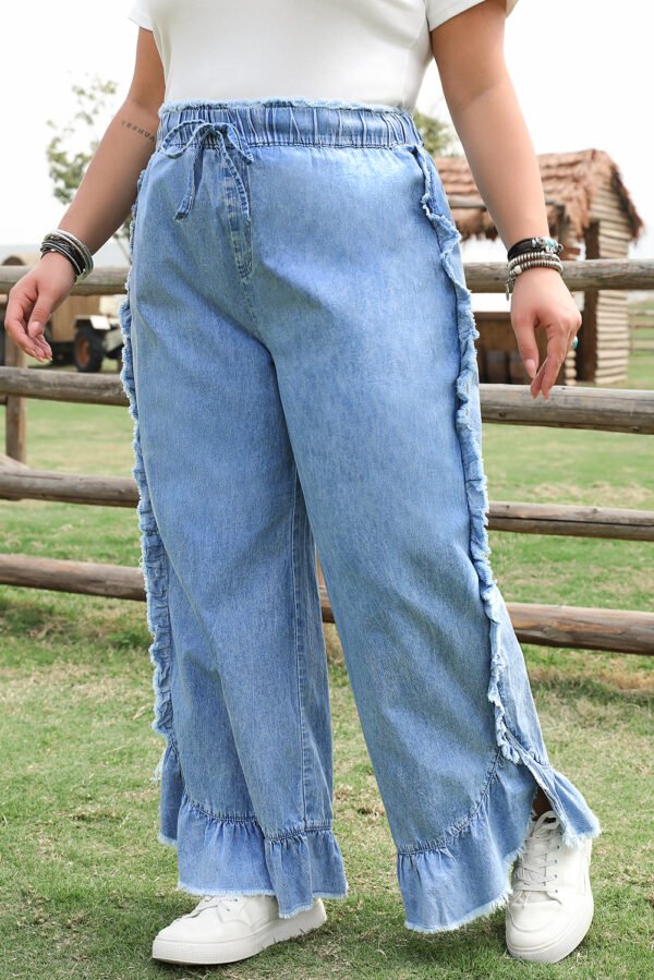 Blue Plus Size Lace up Waist Ruffled Trim Ankle Length Jeans