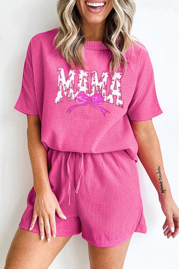 Rose Red Waffle Sequin Floral MAMA Bow Graphic Tee Shorts Set