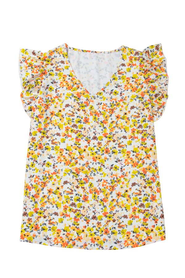 Green Floral Print Ruffled Sleeveless V Neck Tank Top