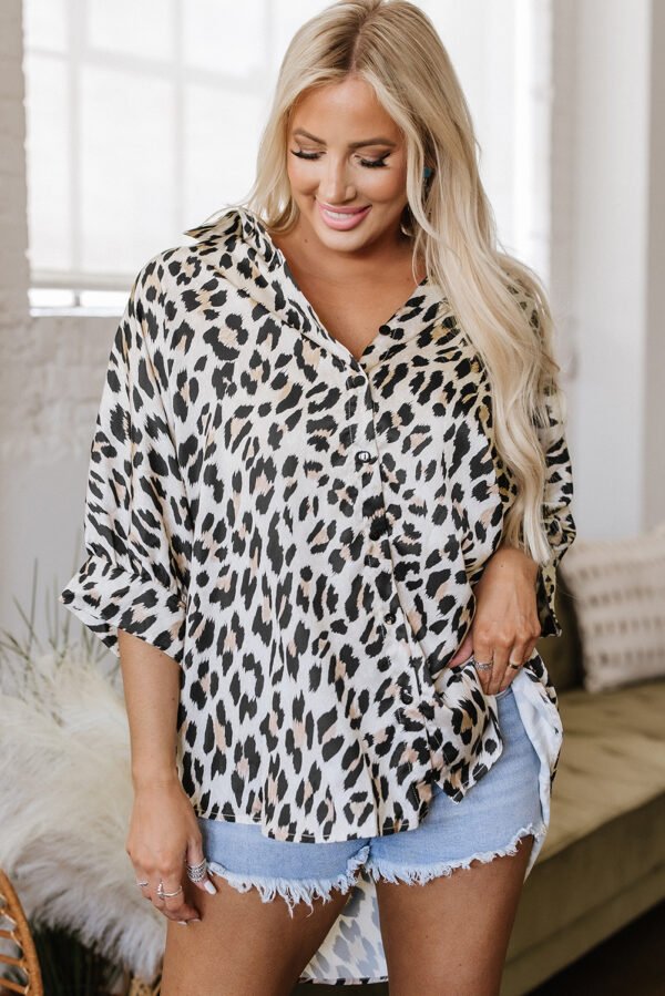 Beige Leopard Print Buttoned 3/4 Sleeve Loose Fit Shirt