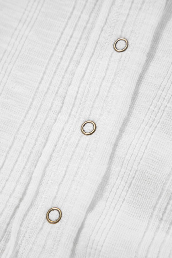 White Snap Button Drawstirng Tie Neck Textured Half Sleeve Shirt
