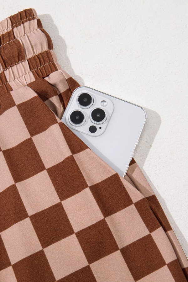 Khaki Checkered Elastic High Waist Loose Casual Pants