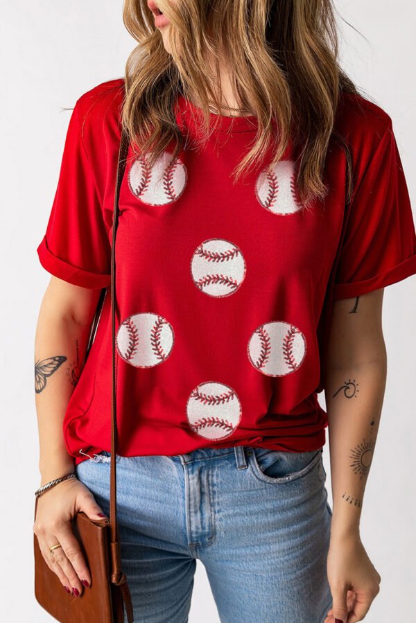 Red Glittering Rugby Pattern Crew Neck Game Day T Shirt
