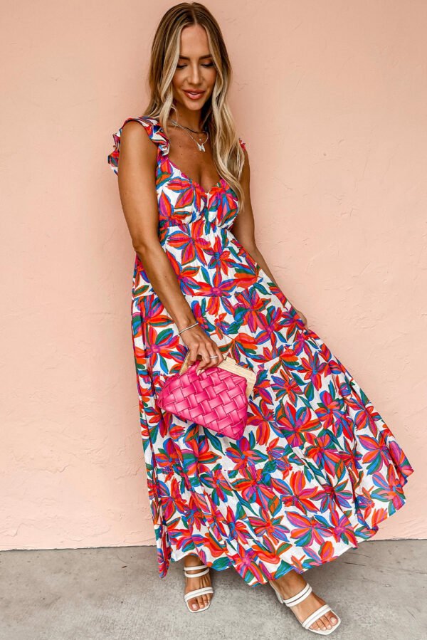 Red Boho Floral Ruffled Strap V Neck Maxi Dress