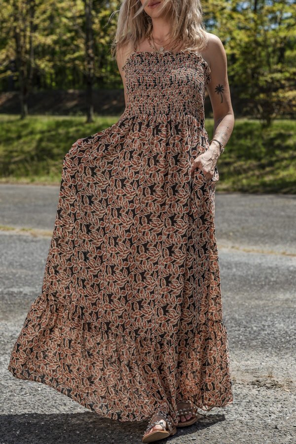 Brown Floral Smocked Bodice High Waist Flowy Sun Dress