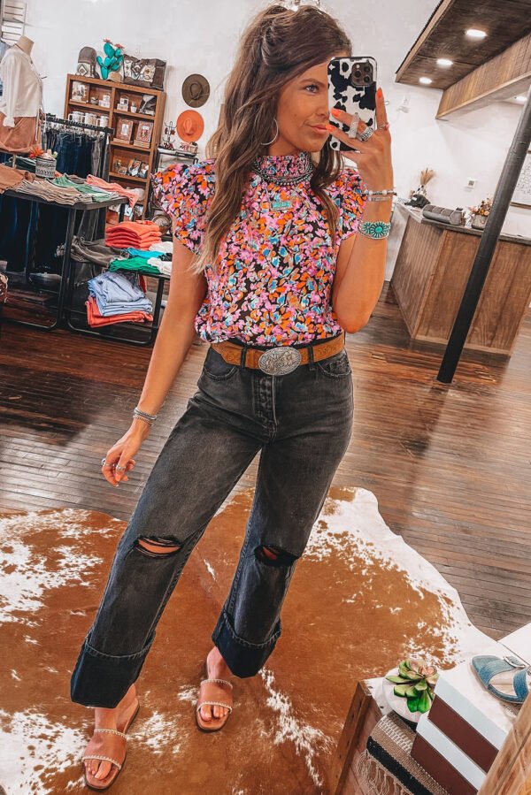 Orange Floral Print Flutter Sleeve Blouse Top