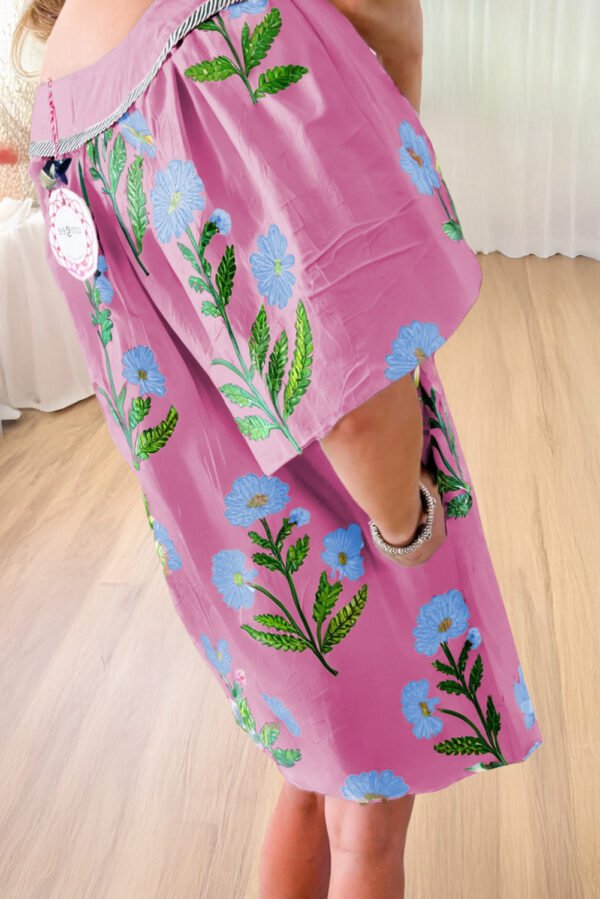 Rose Floral Short Sleeve Split Neck Loose Mini Dress