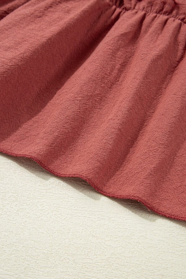 Red Sandalwood Geometric Stitch Shirred Bodice Ruffled Trim Sleeveless Mini Dress