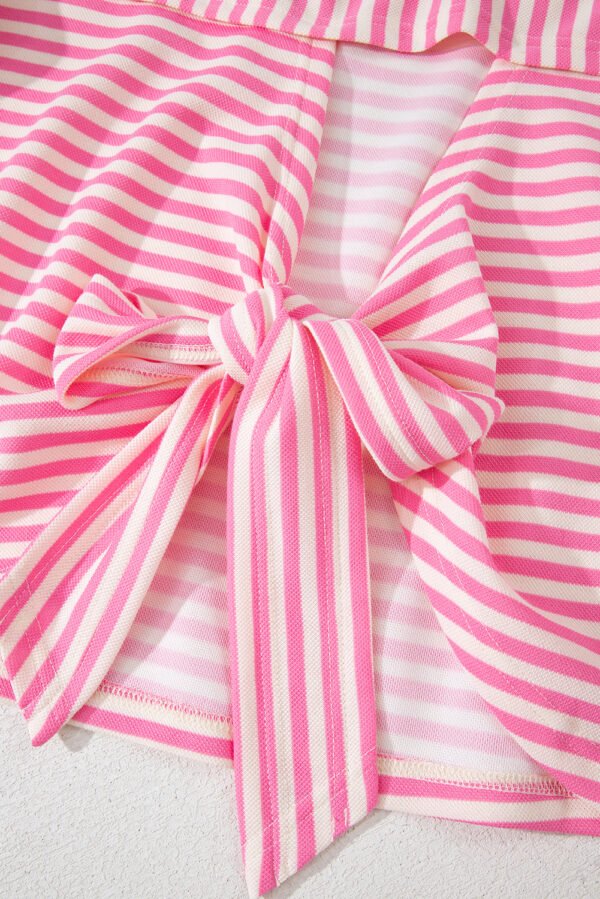 Pink Stripe Bowknot Cutout Back Drop Shoulder Wide Bracelet Sleeve Loose Tee