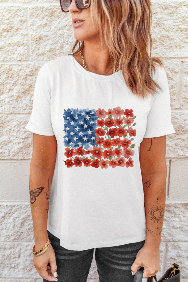 White Star Floral American Flag Printed T Shirt