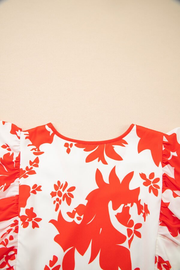 Red Floral Print Trimmed V Neck Ruffle Sleeve Long Dress
