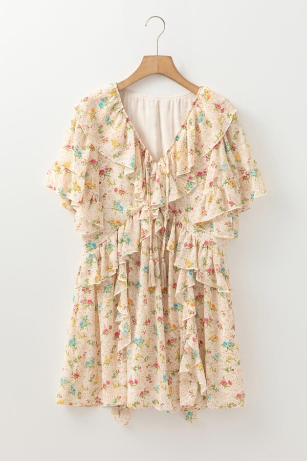 Apricot Boho Floral Tassel Tie V Neck Ruffle Wide Sleeve Mini Dress