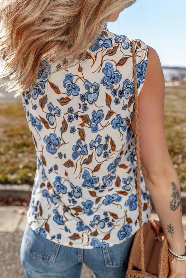 Sky Blue Floral Print Knotted V Neck Elegant Tank Top