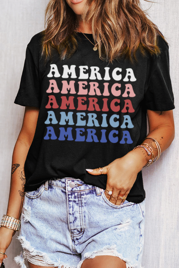 Black Colorful AMERICA Print Crewneck Patriotic T Shirt
