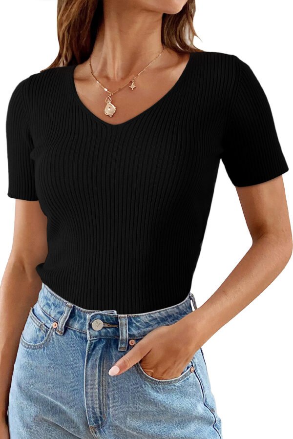 Black V Neck Ribbed Knit Lightweight Short Sleeve Sweater
