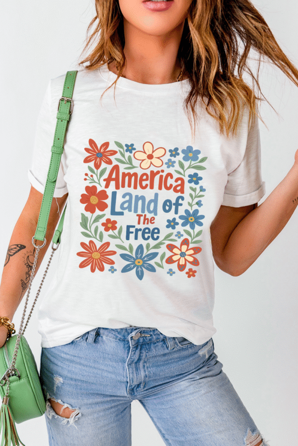 White America Land of The Free Flower Graphic Crewneck T Shirt