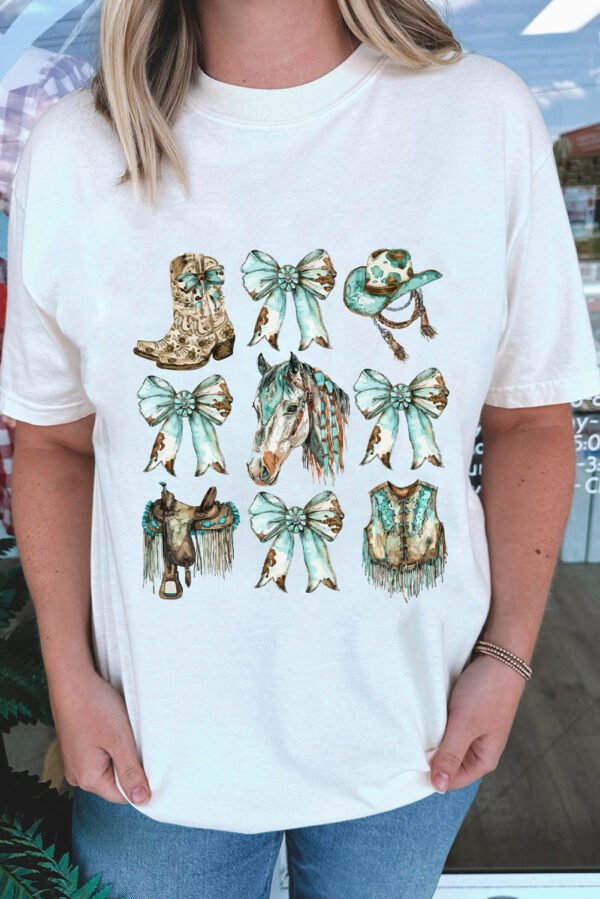 White Horse Bowknot Cowgirl Fashion Print Crewneck Tee