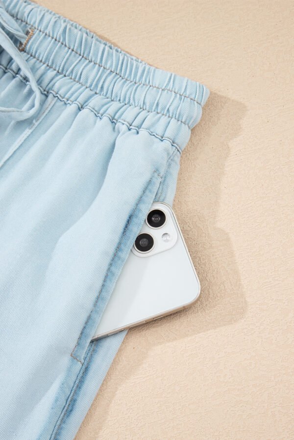 Beau Blue Light Wash Contrast Trim Center Seam Drawstring High Waist Wide Leg Denim Pants