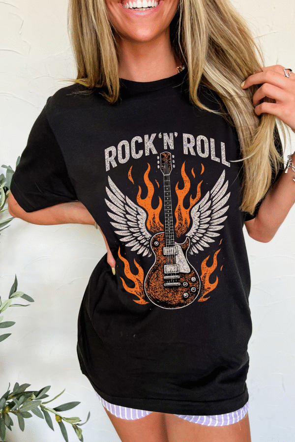 Black Guitar Wings Slogan Print Crew Neck T Shirt