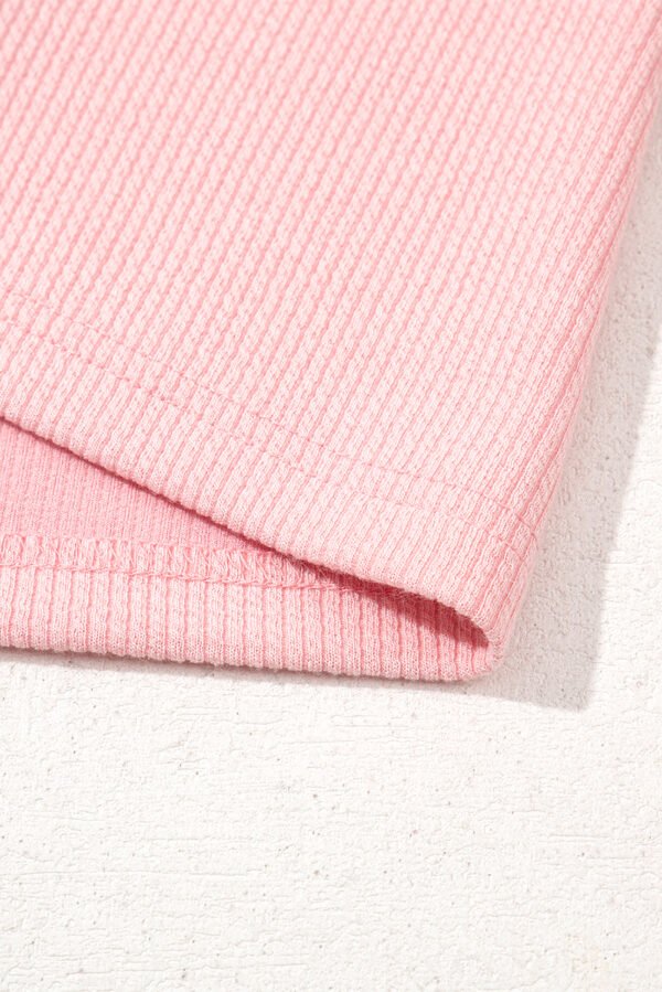 Light Pink Pearl Beaded Ruffle Short Sleeve Patchwork Ribbed Blouse