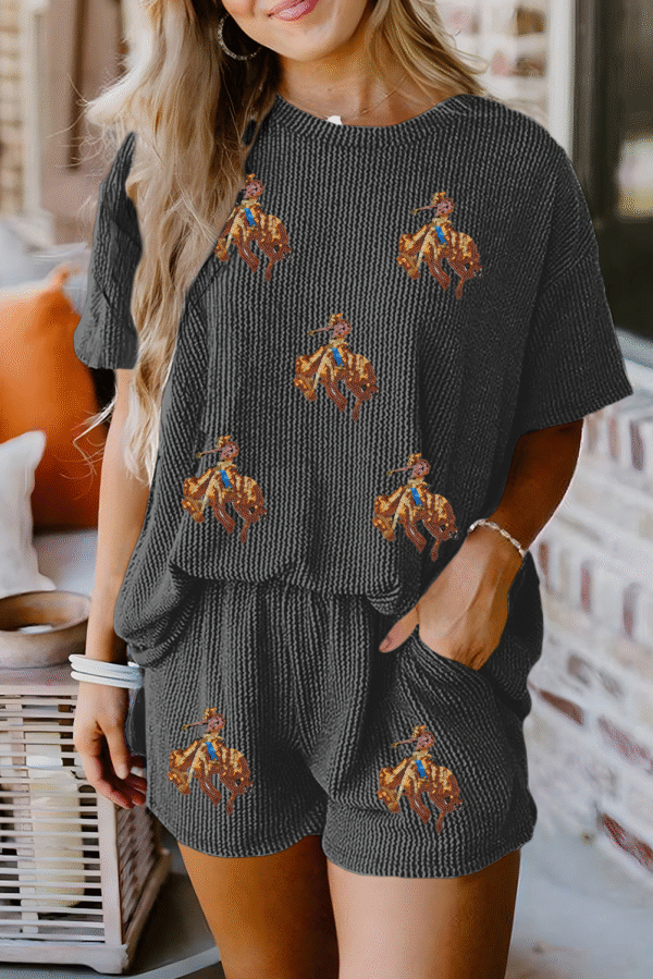 Carbon Grey Western Rodeo Graphic Patched 3D Ribbed Short 2pcs Outfit